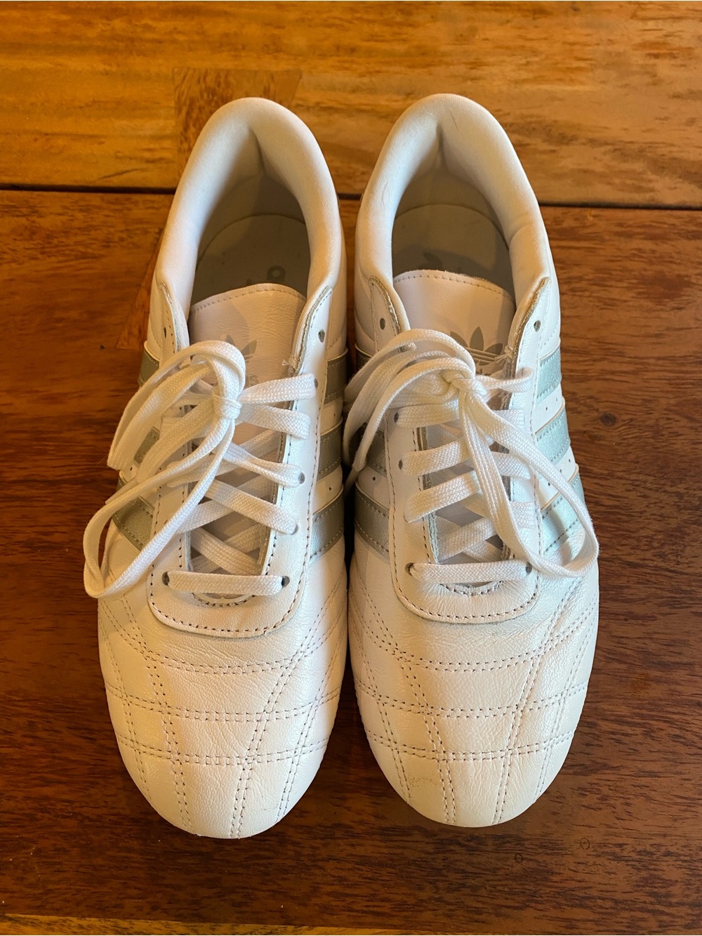 Adidas Taekwondo Tennis Shoes Women White Leather Athletic Shoes Silver Stripes - Picture 2 of 9